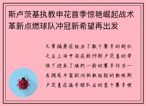 斯卢茨基执教申花首季惊艳崛起战术革新点燃球队冲冠新希望再出发