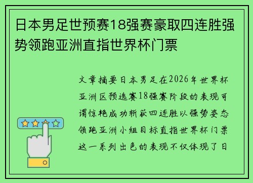日本男足世预赛18强赛豪取四连胜强势领跑亚洲直指世界杯门票
